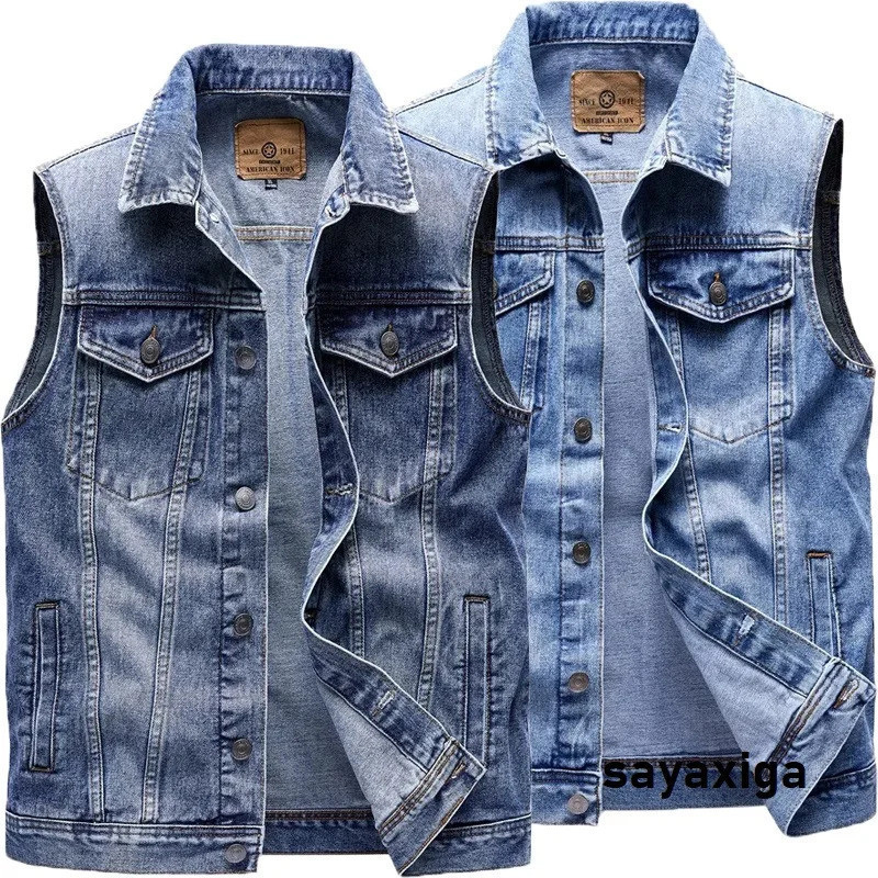 Colete Cargo de Denim Masculino, Jaqueta Sem Mangas com Múltiplos Bolsos, Estilo Lavado, Coletes Masculinos, Jaquetas AK