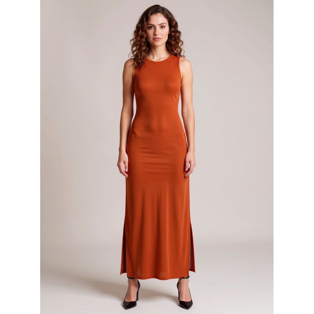 Vestido Longo Feminino Canelado Fenda Lateral Festa Casual Terracota — Promos_e_achadinhos_Nina