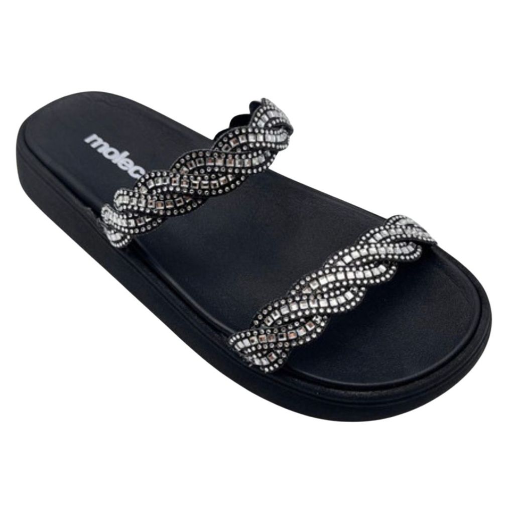 Tamanco Moleca Casual Feminino Black Duas Tiras Pedraria