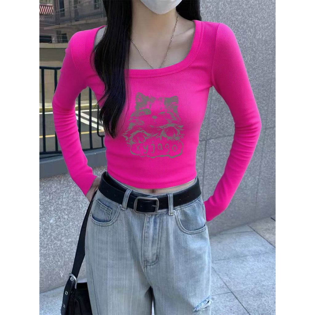 Gato impressão Design puro algodão manga comprida camiseta feminina primavera outono estilo u-pescoço estilo americano q