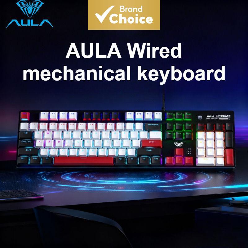 Teclado Mecânico com Fio AULA Tamanho Completo 104 Teclas Retro Tri-Color RGB Retroiluminado Anti-Fantasma para Gamer de