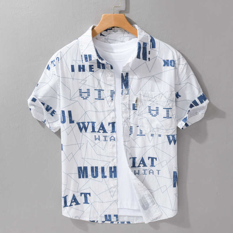 Camisa masculina estampada de manga curta verão moda juventude meia manga camisa fina puro algodão meninos solto camisa 