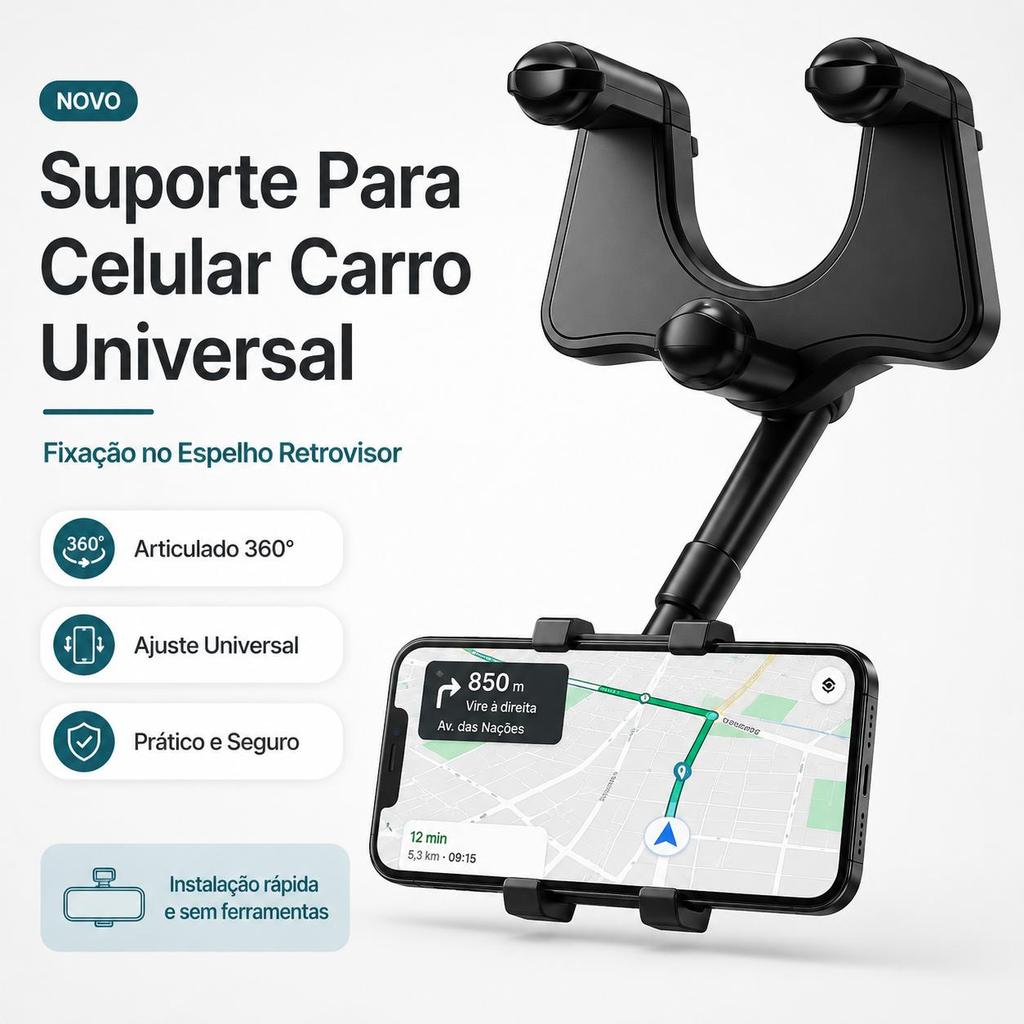 Suporte Para Celular Carro Universal 360° com Fixação no Espelho Retrovisor, Ajustável, Dobrável e Sem Ferramentas