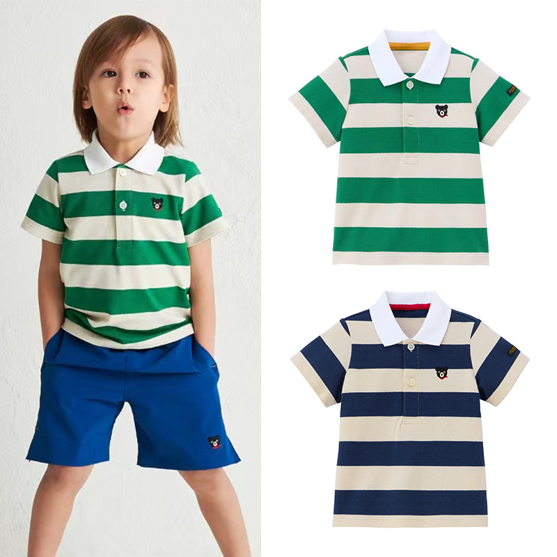 Verão meninos listrado camisa polo de manga curta camiseta puro algodão frisado malha lapela camisa urso das crianças me