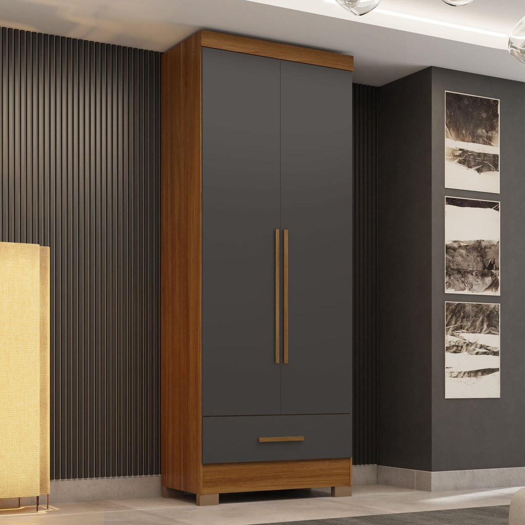 Guarda Roupa 100% MDF 2 Portas 1 Gaveta Smart Plus Espresso Móveis Bege/Cinamomo/Chumbo Cinamomo/Chumbo