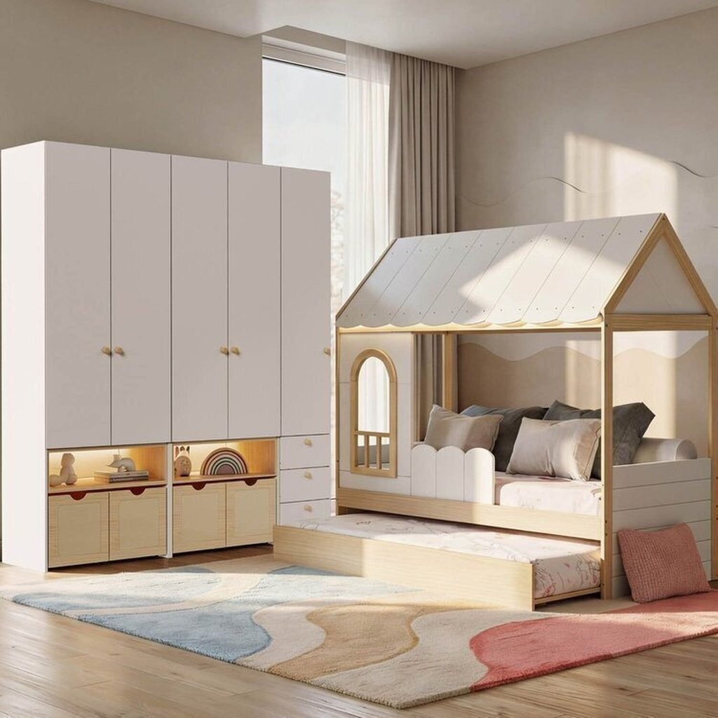 Guarda-Roupa Modulado Wave e Bicama Casinha New Garden Casatema MadeiraOriginals Branco/Marrom