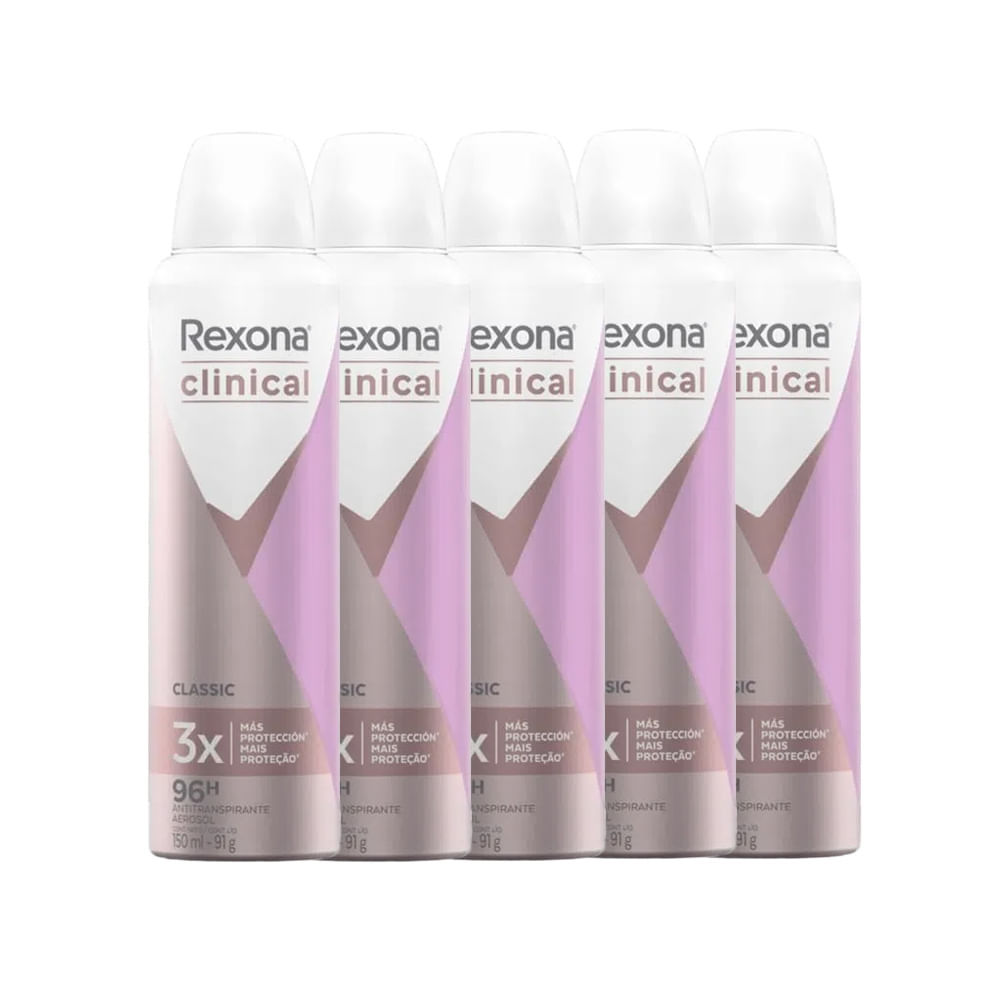 Kit Desodorante Antitranspirante Aerosol Rexona Clinical Classic 91g - 5 Unidade