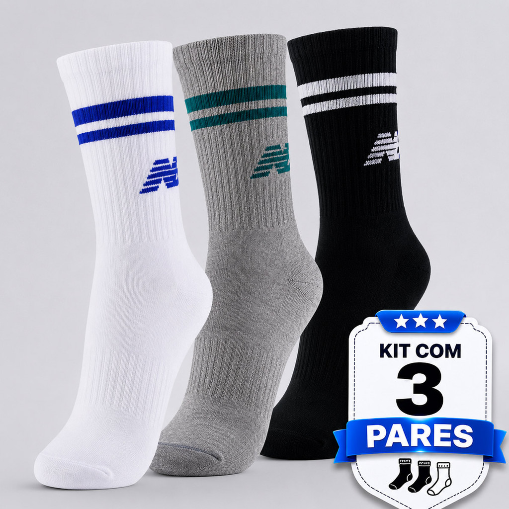Kit Meia New Balance Cano Alto 3 Pares Branca Preta e Cinza