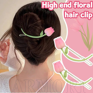 Presilha Bico de Pato com Franjas Laterais - Presilha de Cabelo Flor Tulipa Rosa para Meninas - Fivela Elegante para Rab
