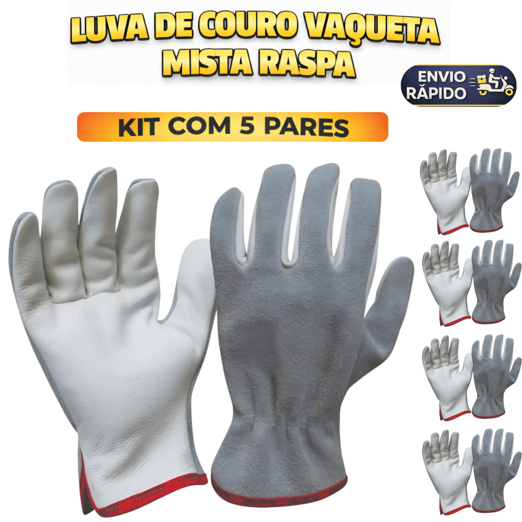 Kit 5 Luva Raspa Vaqueta Mista Petroleira Punho Curto Epi Proteção Segurança Industrial Construção