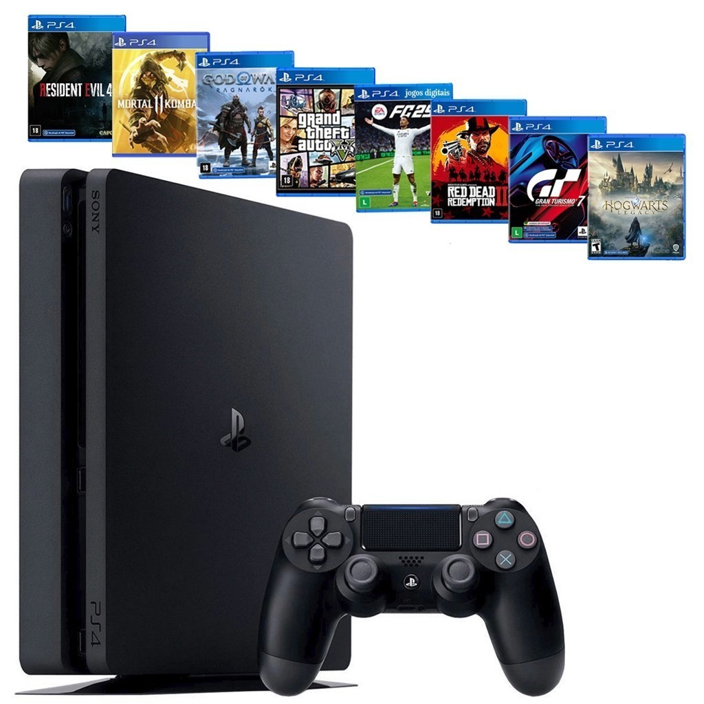 Sony Playstation 4 1000gb / 500 gb Ps4 Slim 1 ou 2 Manetes + Ea Fc Fifa 26 + God Raganarok + Gta 5 + 40 Jogo