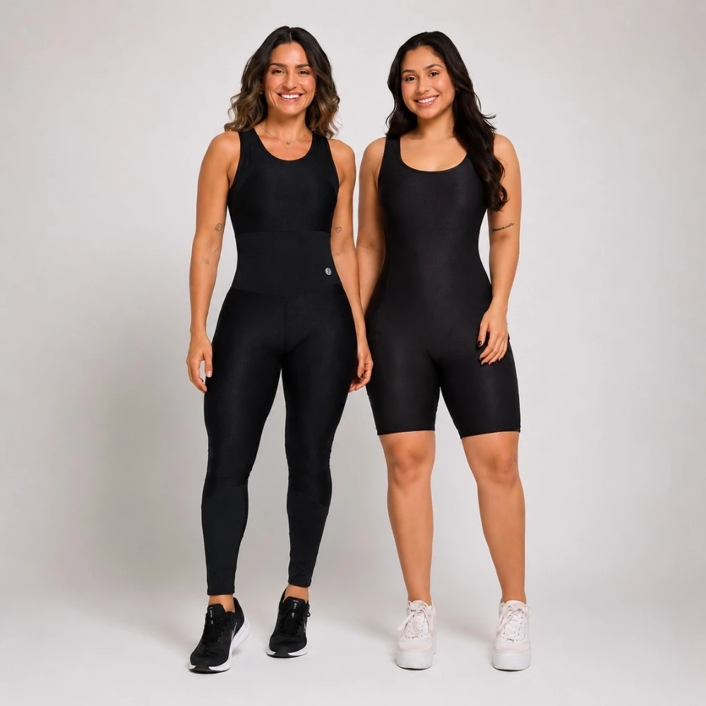 Kit Macacão + Macaquinho Feminino Adulto Fitness Canelado Com Bolsos Zero Transparência Macaquinho Academia — imagem 1