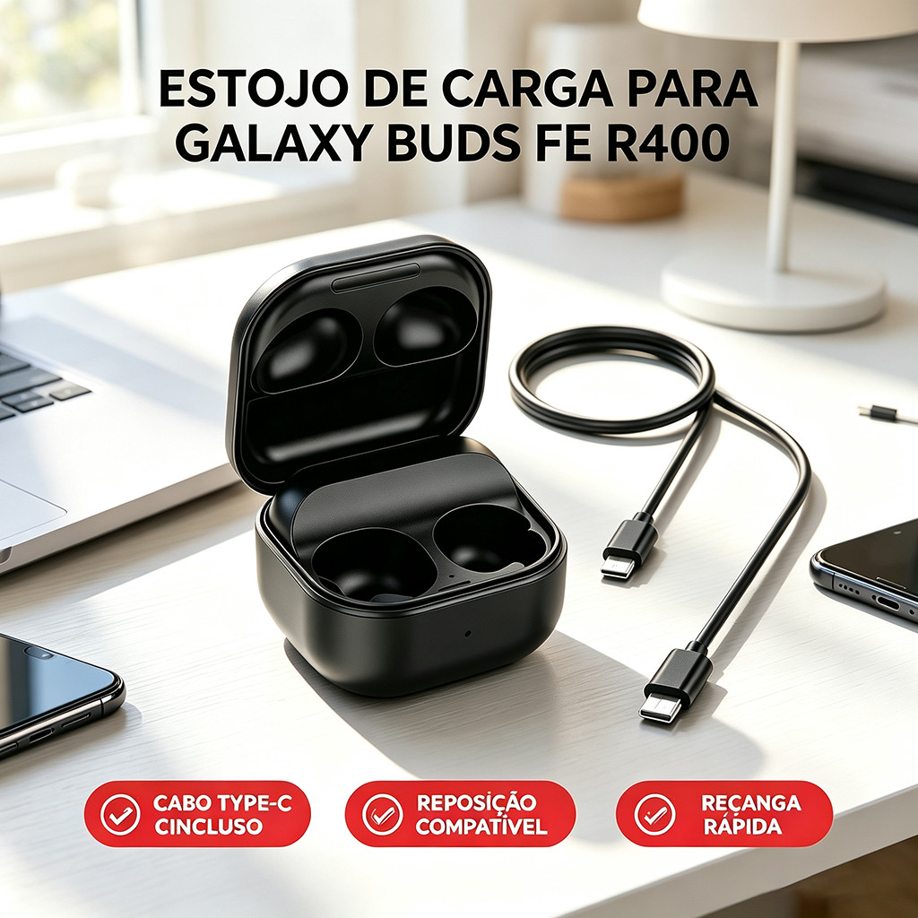 Estojo de Carga Reposição Compatível com Galaxy Buds FE R400 + Cabo USB Type-C
