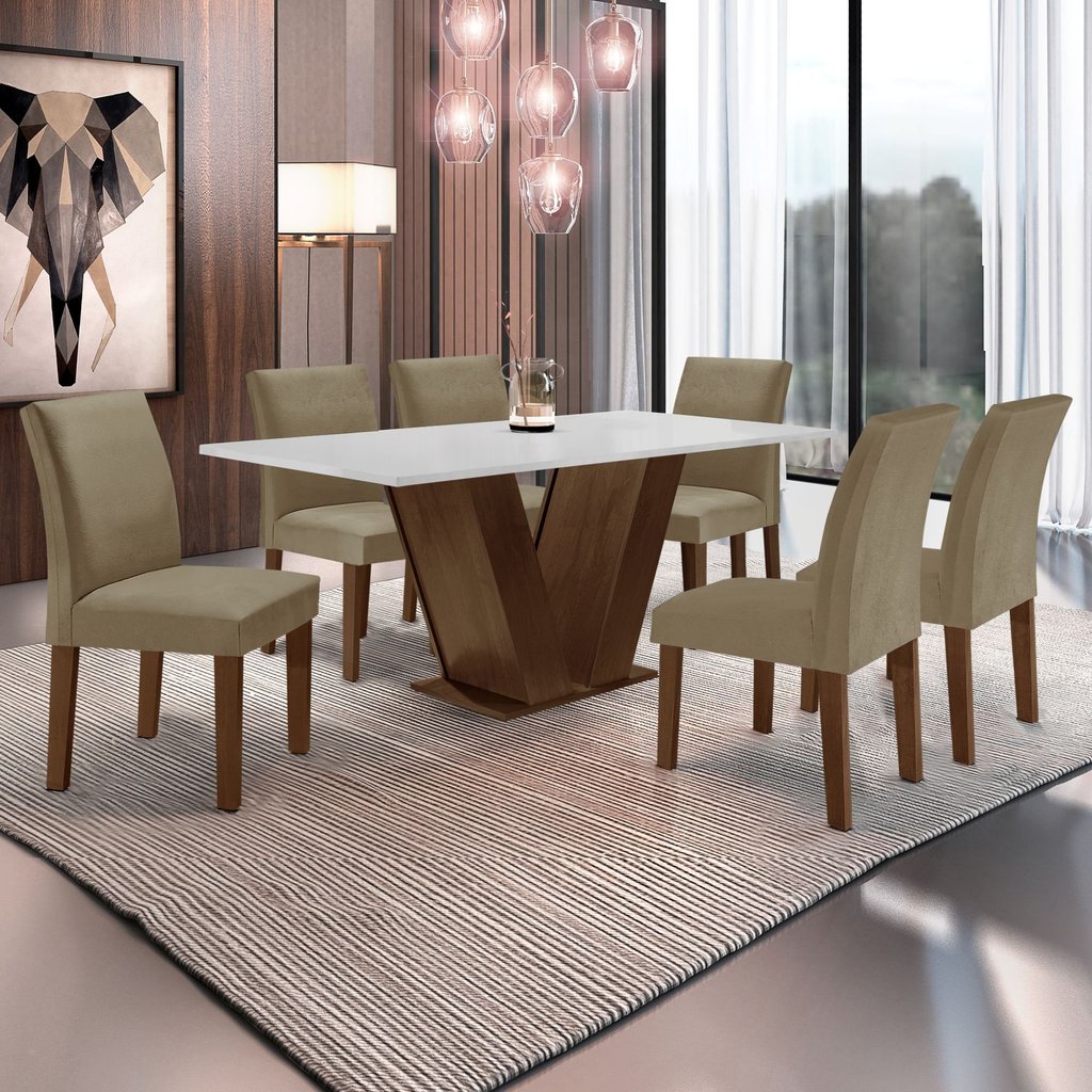 Conjunto Sala de Jantar Mesa 6 Cadeiras MDF Espanha Yescasa Marrom Chocolate/Off White/Veludo Bege Escuro Chocolate/Off