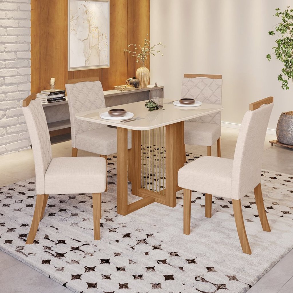 Conjunto Sala de Jantar Tampo MDF/Vidro 4 Cadeiras Marie Bege/Nature/Off White/Linho Nature/Off White/Linho