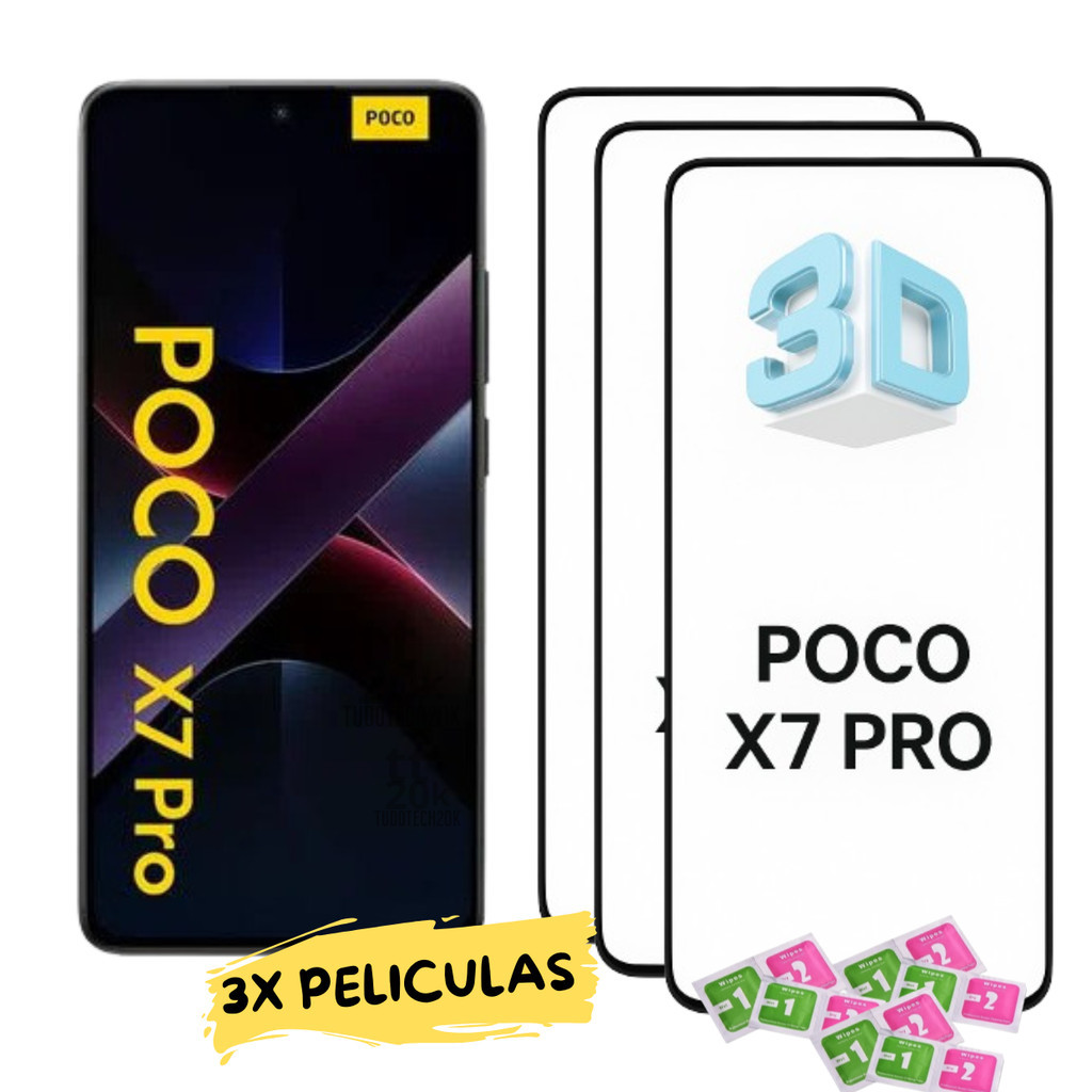 Kit 3 Pelicula Para Poco X7 Pro Vidro Temperado Full Glass Frontal + Kit Aplicação