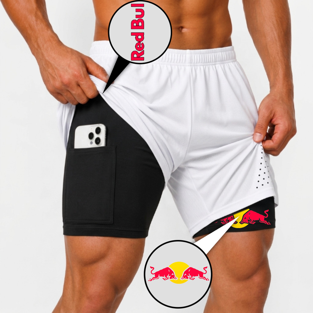 Bermuda Masculina Compressão 2 em 1 touro vermelho Dry Fit Elastano Academia Corrida Treino Fitness Conforto