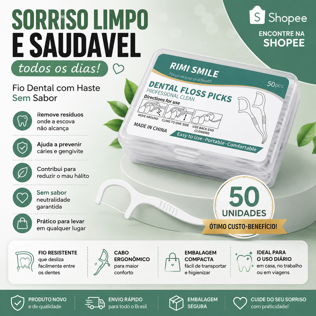 Fio Dental Haste Sabor Morango ou Laranja ou sem sabor – 50 Unidades | Limpeza Completa e Praticidade