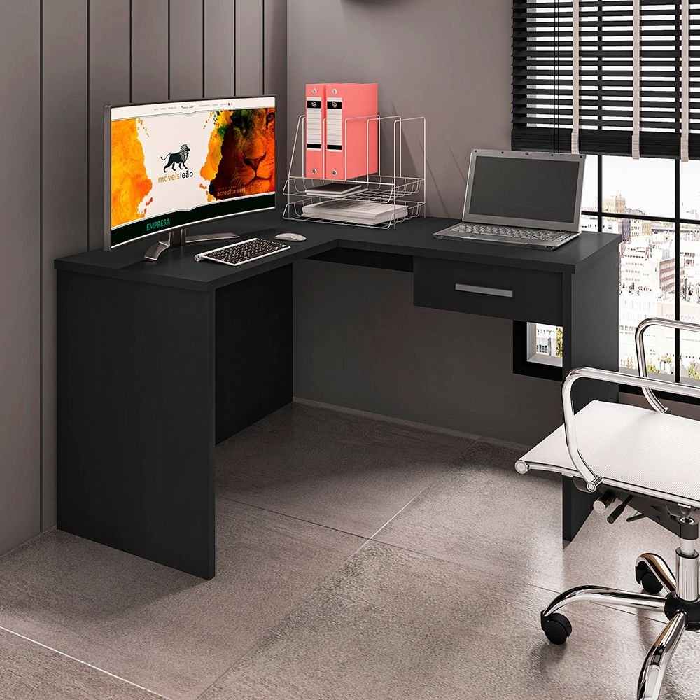 Mesa Gamer Escrivaninha em L DRX9000 1 Gaveta 152cm Preto Preto Black