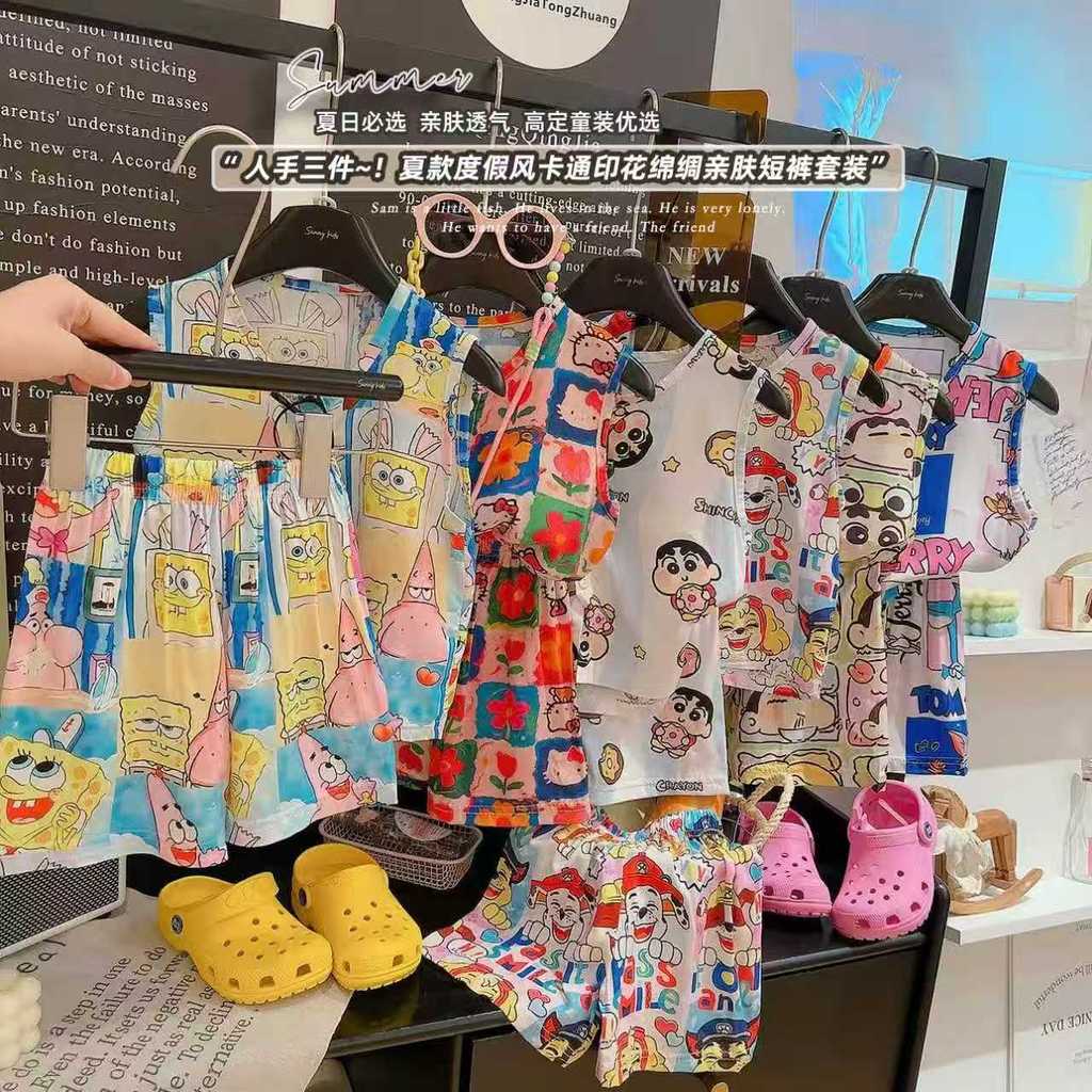 Pijamas infantis verão meninos respirável Homewear meninos meninas Floral colete Shorts algodão seda sem mangas conjunto
