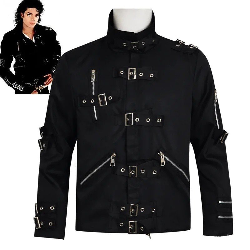 Fantasia de cosplay do Michael Jackson, Jaqueta Punk BAD MJ Preta Slim, Roupa de Fantasia para Homens que Adoram Estrela