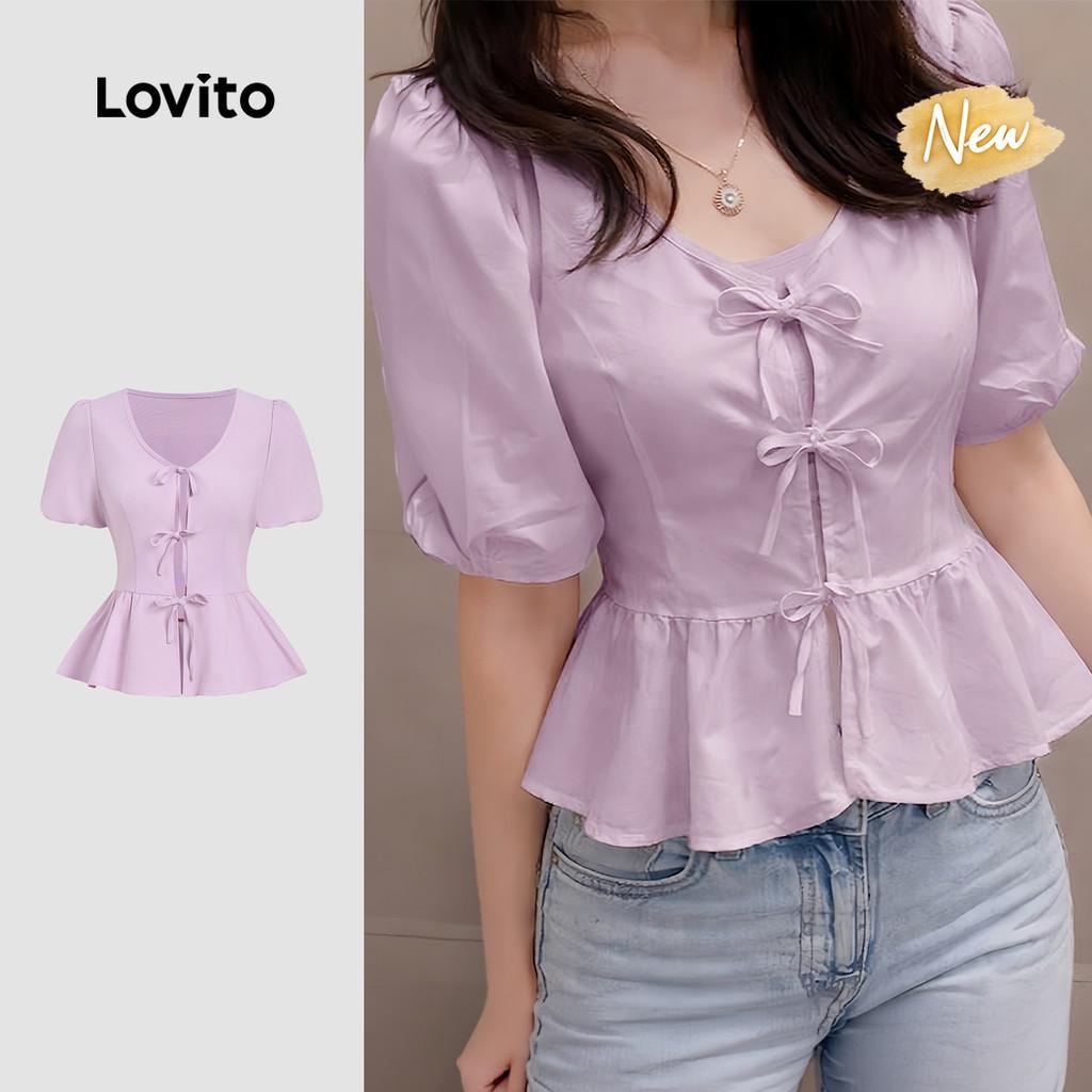 (New Arrival) Lovito Blusa Casual com Renda e Babados Na Bainha Primavera/verão