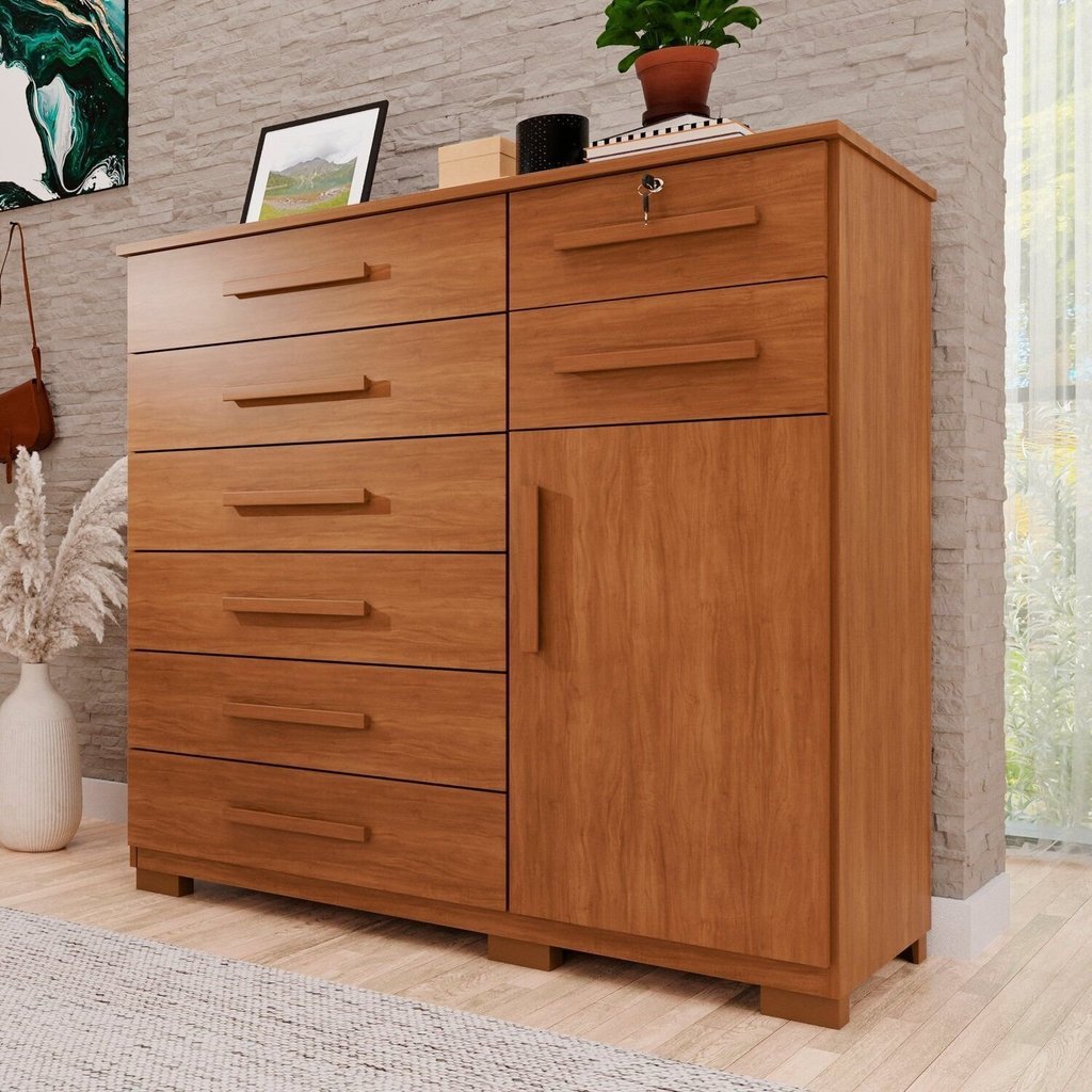 Cômoda para Quarto 1 Portas 8 Gavetas Ônix Expresso Móveis Marrom/Cinamomo Cinamomo