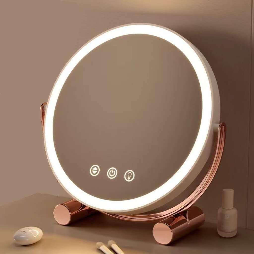 Espelho de Maquiagem com LED – Mesa Redonda, Madeira Bambu, Luz Branca, Recarga USB