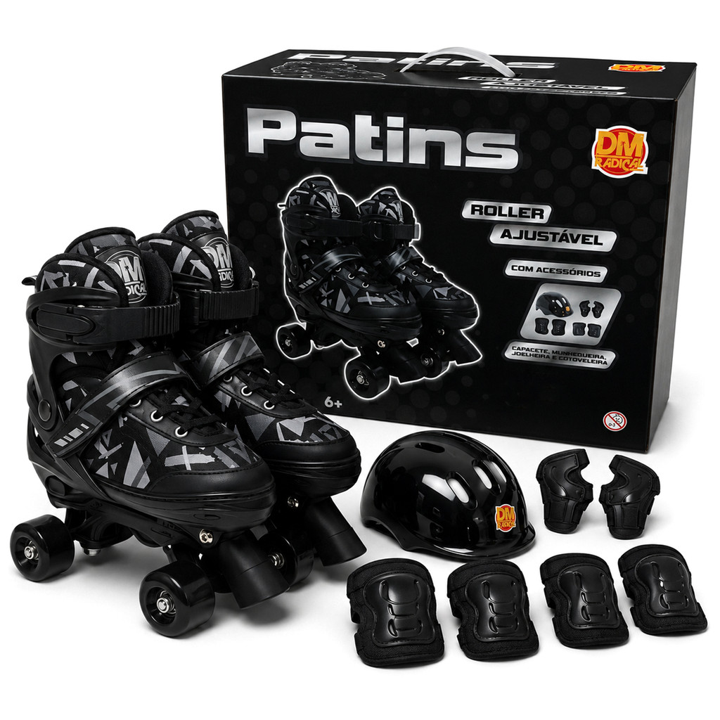 Patins Quad Roller Preto Ajustável Com Kit De Proteção Para Adultos E Crianças – DM Toys