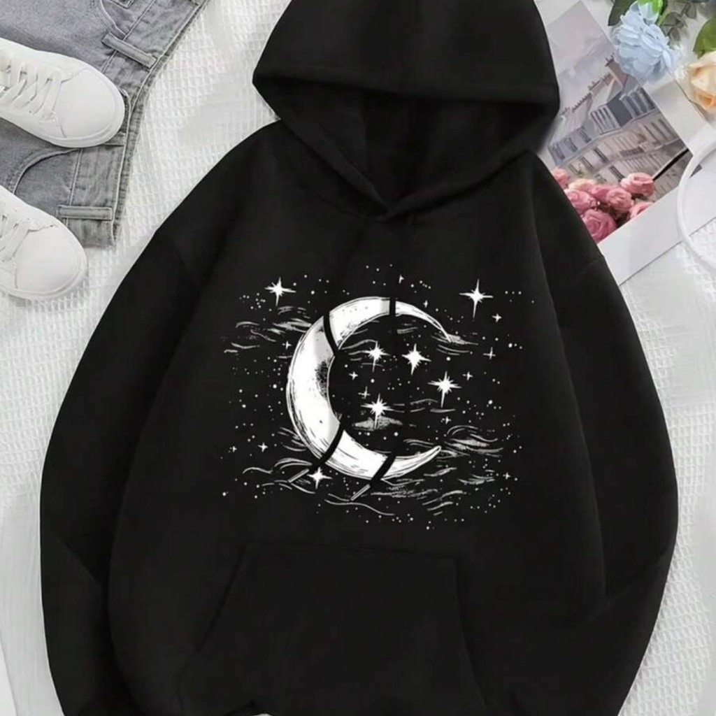 Moletom feminino com capuz flanelado cangurú confortavél lua e estrelas fofo casual modelo confortavel e macio