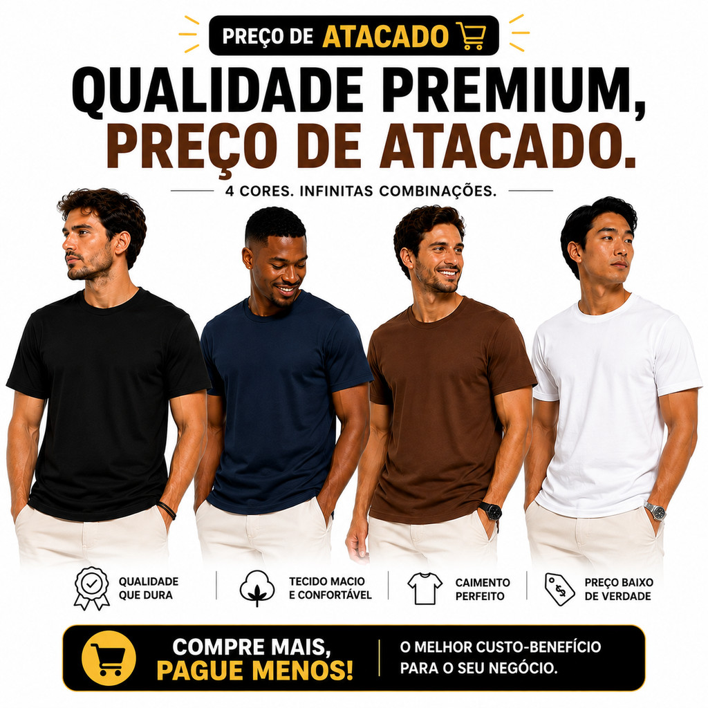 Kit 2 Camiseta Masculina 100% Algodão Premium Básica diversas Cores Lisa