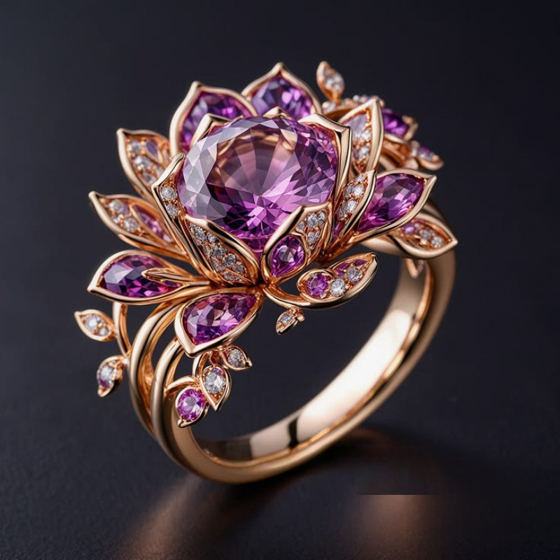 Anel feminino novo tipo de flor tridimensional de alto nível, anel de pulso leve, luxuoso e elegante