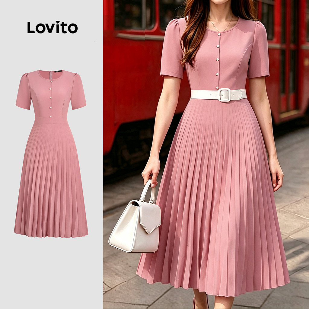 (New Arrival) Lovito Vestido Elegante Plissado Vestido Rosa Primavera/verão para mulheres LK7ED987