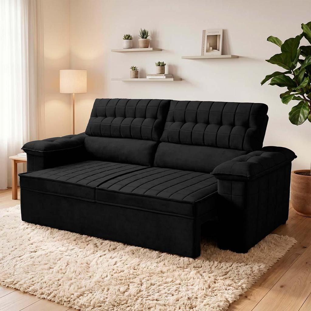 Sofá Retrátil Reclinável 2 lugares com molas 1,80m Quantum Suede Velut Preto - King House