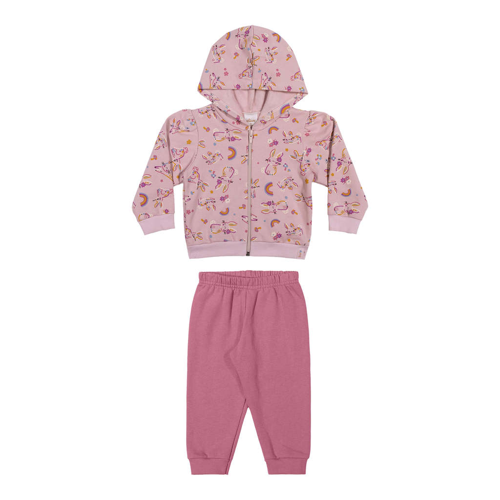 Conjunto Bebê Menina Com Capuz Coelhinhos Elian Rosa