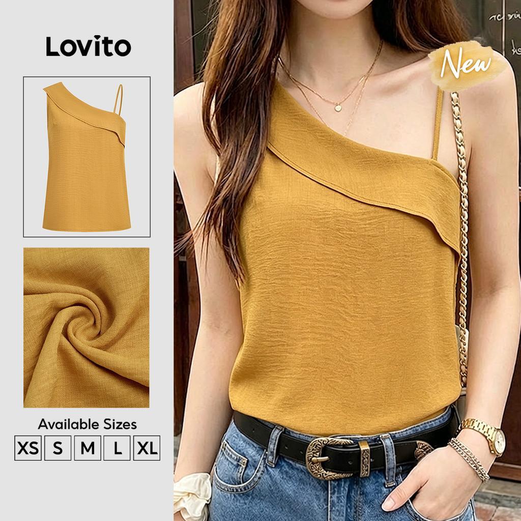 (New Arrival) Lovito Top Casual Assimétrico com Ombro Frio Estilo Resort Top Amarelo de Primavera/verão para mulheres TKB202P2D393