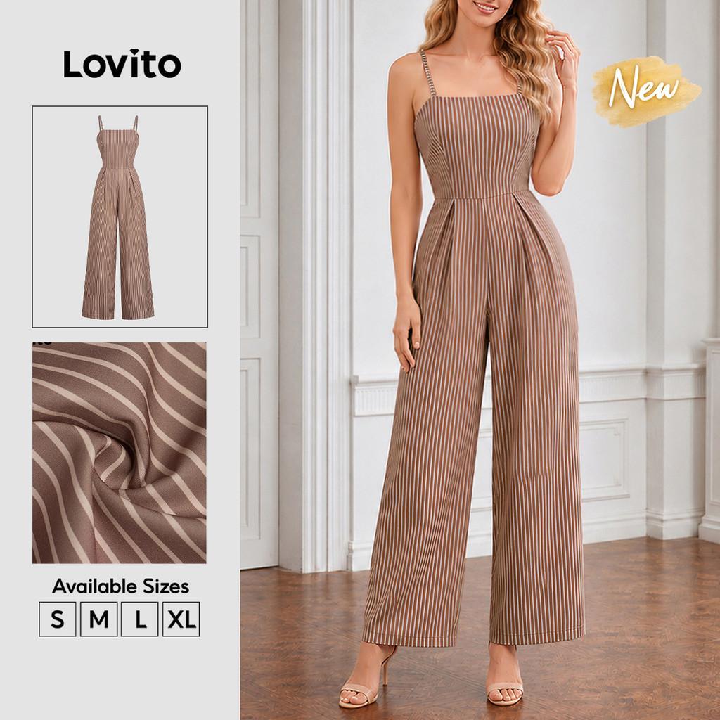 (New Arrival) Lovito Elegante Macacão com Zíper e Padrão Macacão Marrom Primavera/verão para mulheres JRB38BR020