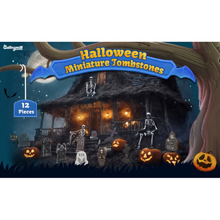 Colingmill 12 peças lápide em miniatura de Halloween pequena estátua Mini lápide de resina esqueleto Halloween estátua d