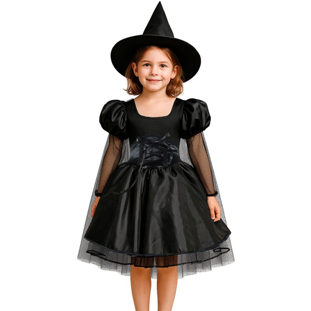 Fantasia Halloween pra Meninas Infantil Vestido Preto de Bruxa Medieval Gótica Com Capa e Corselet