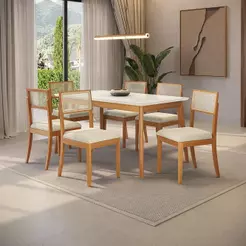 Conjunto Sala de Jantar Nara Kappesberg em Madeira Maciça com 6 Cadeiras Linho Areia