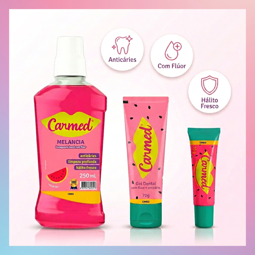 Kit Higiene Bucal Infantil Carmed Melancia Enxaguante + Creme Dental Infantil + Hidratante LabialLabial