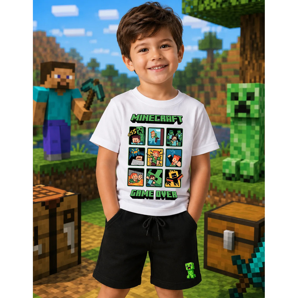 Conjunto Minecraft Infantil Menino Roupa Gamer Camiseta Manga Curta + Short Moletinho Confortável