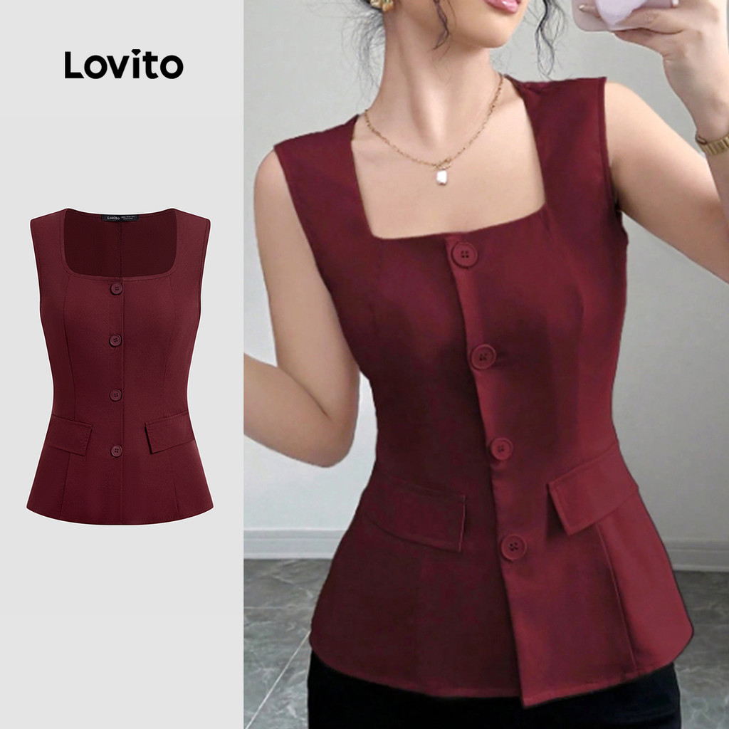 Lovito Elegante Blusa De Botões Na Cor Vinho Para Primavera/verão L158AD163