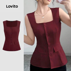 Lovito Elegante Blusa De Botões Na Cor Vinho Para Primavera/verão L158AD163