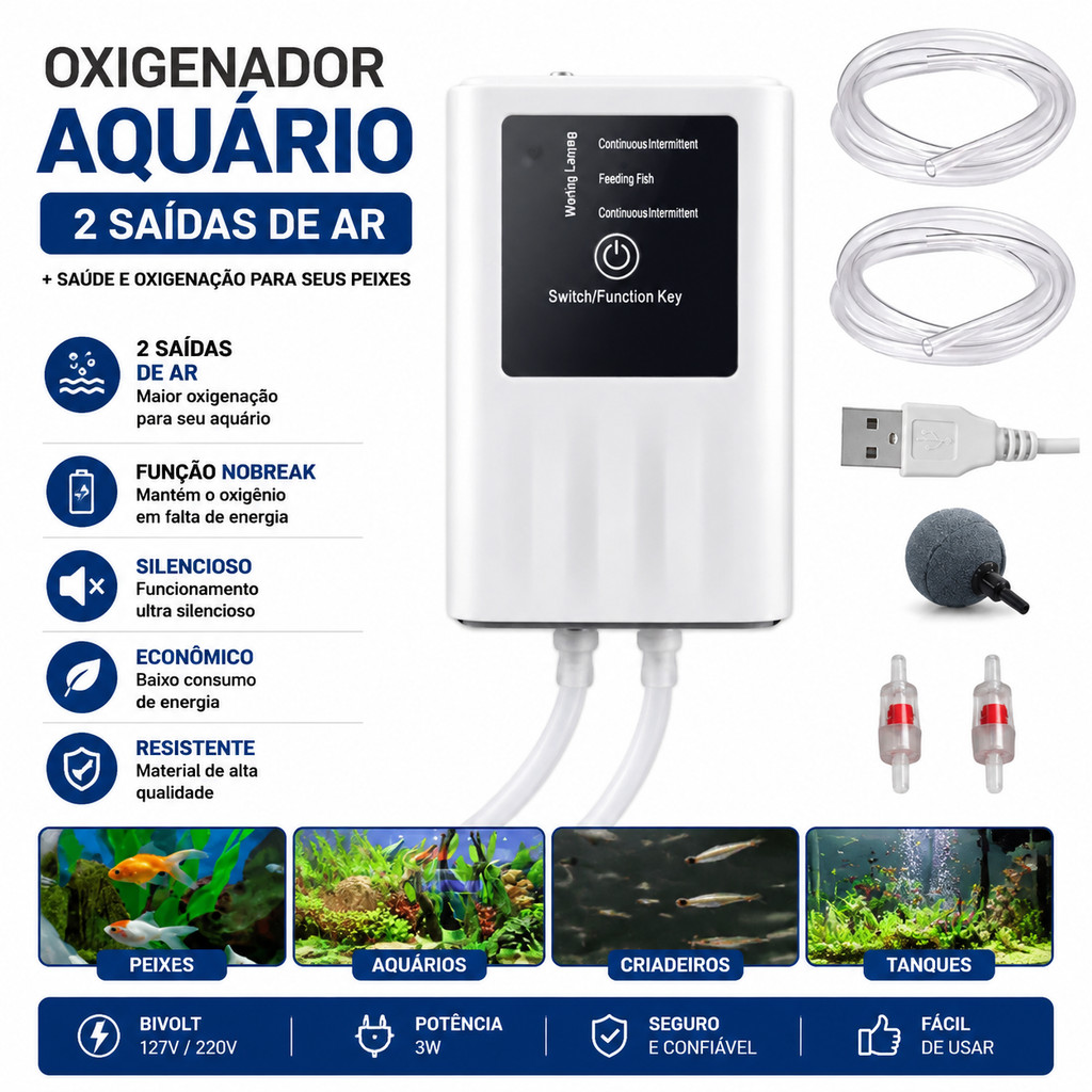 Oxigenador Aquário Nobreak 2 Saídas Ar Bivolt 3W 127/220v Silencioso Econômico Resistente