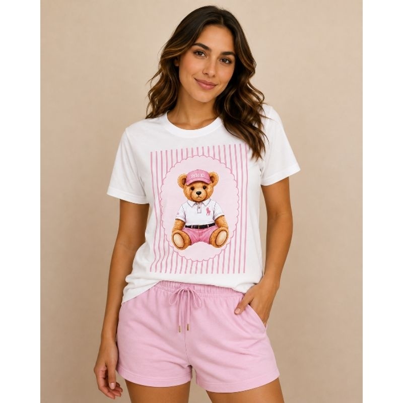 Camiseta Feminina Estampa Ursinho com listras Camisa 100% Algodão Premium Blusa Casual Confortavel Macia Basica Estilosa