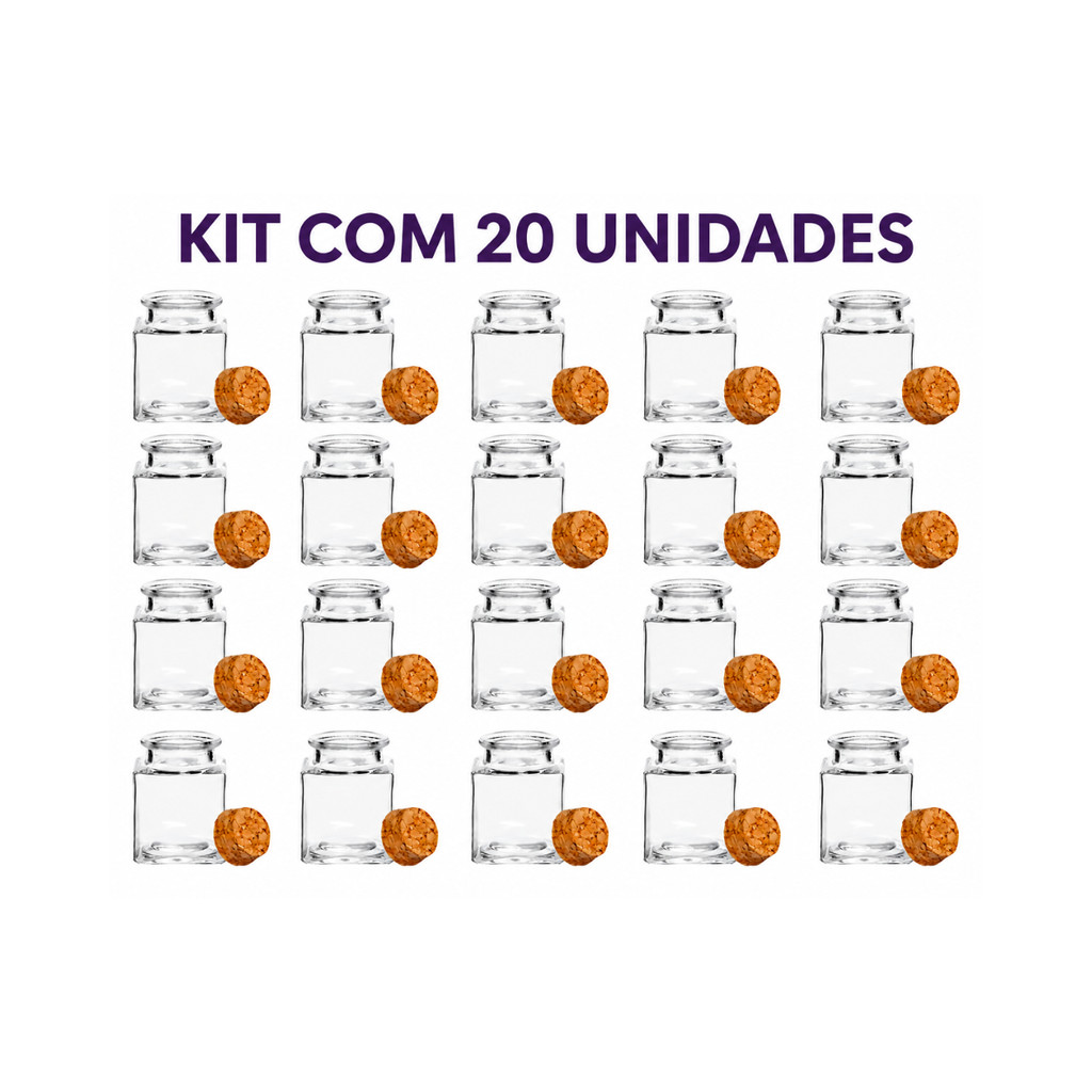Pote de Vidro Quadrado 50ml com Tampa Rolha Kit 20 Unidades para Vela Aromática Lembrancinha e Tempero 