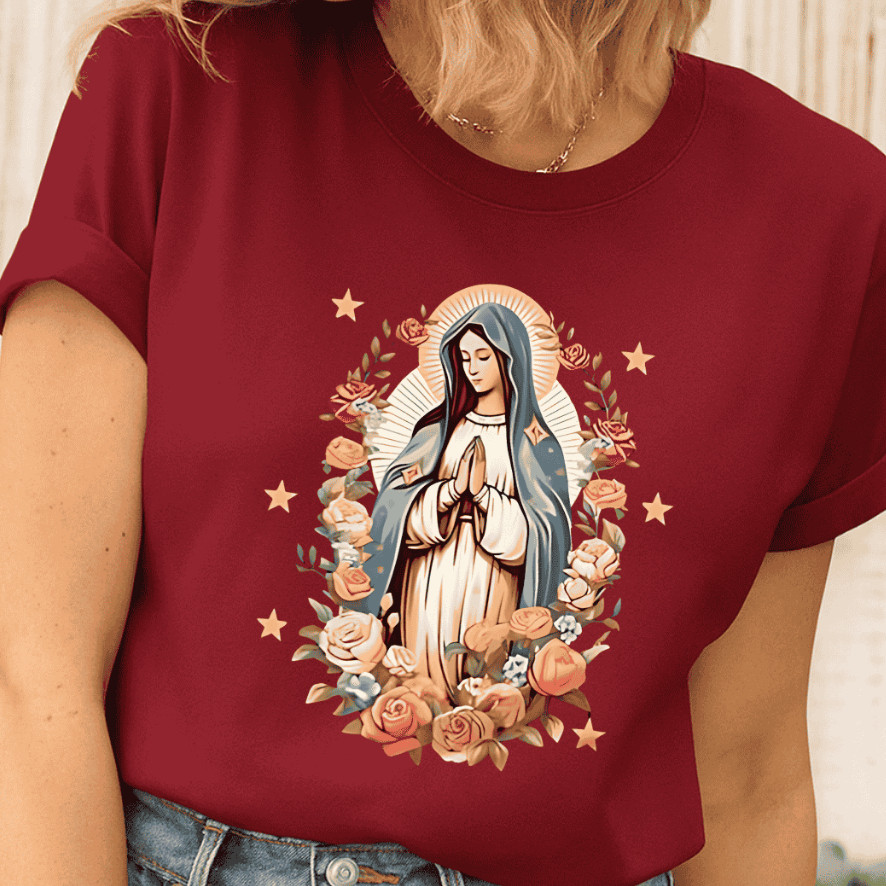 Camiseta Feminina Estampada Virgem Maria Confortável 100% Algodão Camiseta Feminina Básica