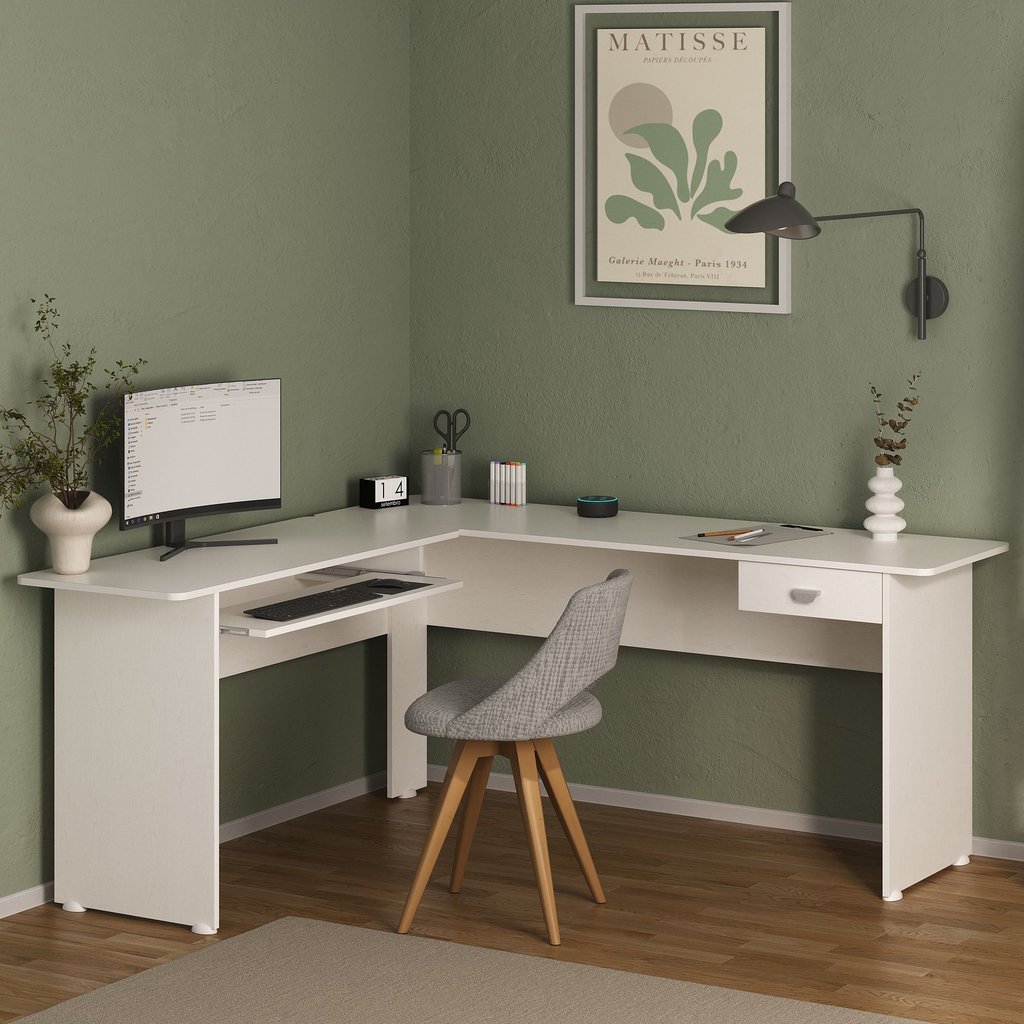 Escrivaninha Mesa Escritório em L Cannes 1 Gaveta 100% MDF 165cm Branca Branco