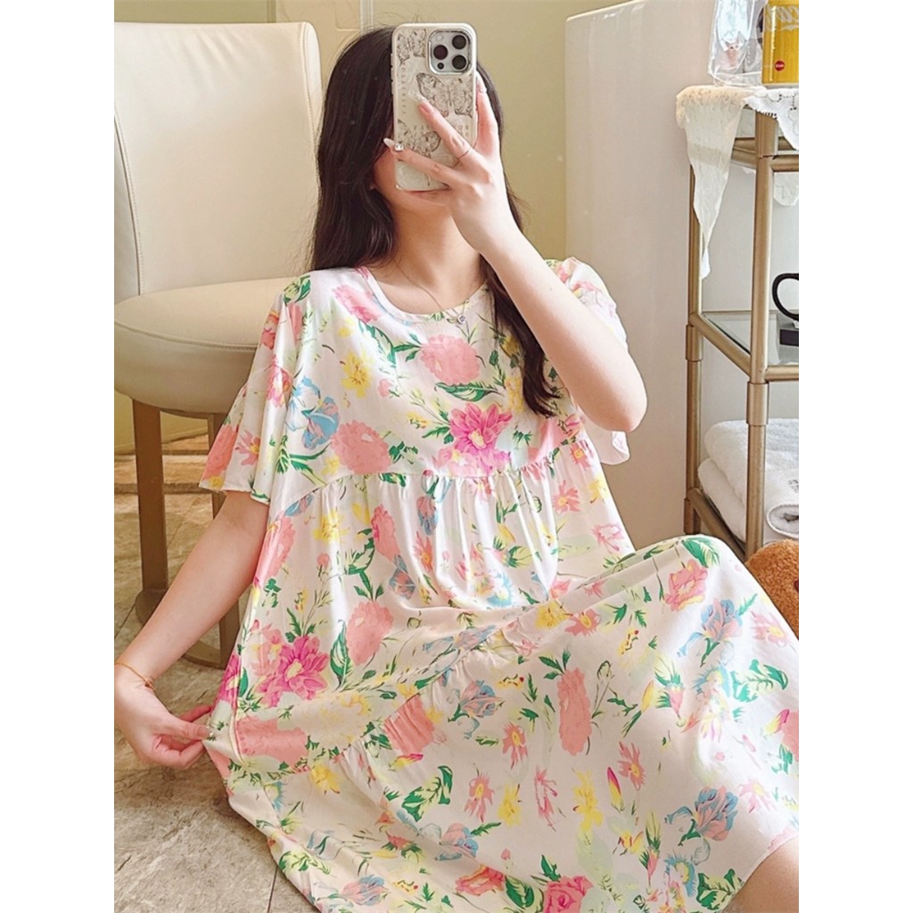 Camisola de seda de algodão feminina verão manga curta saia longa pijamas Anti-Bump solto vestido legal 100kg usar Homew
